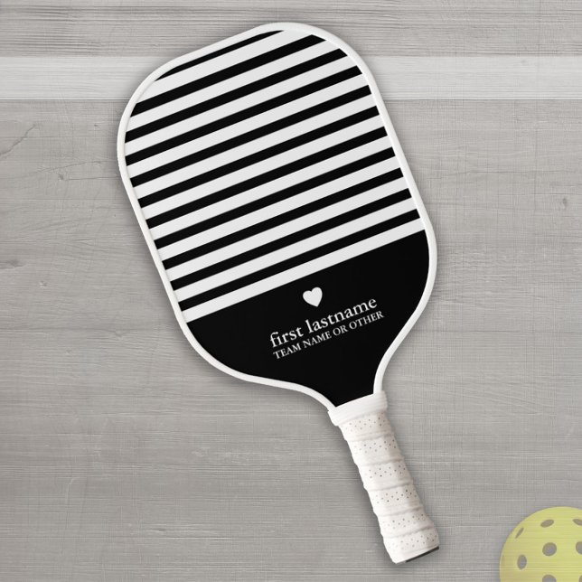 Modern Stripes with Upscale Heart Monogram Black Pickleball Paddle (Creator Uploaded)