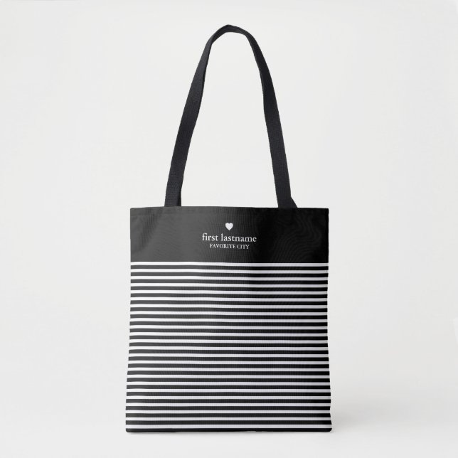 Modern Stripes with Upscale Heart Monogram Black Tote Bag (Front)
