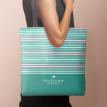 Modern Stripes with Upscale Heart Monogram Tote Bag<br><div class="desc">Teal green with trendy white striped pattern - If your art still needs to be adjusted,  click on the Customise This button. This will take you to a design area where you can move things around and even change fonts or colour.</div>
