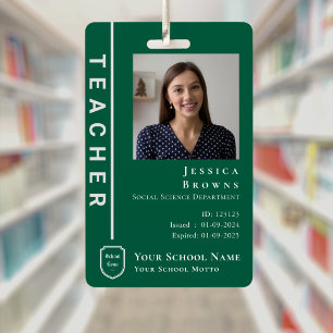 Modern Student/Teacher Green Photo School Logo ID Badge