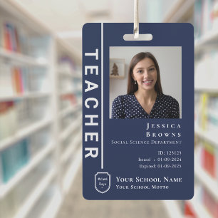 Modern Student/Teacher Navy Blue Photo School Logo ID Badge