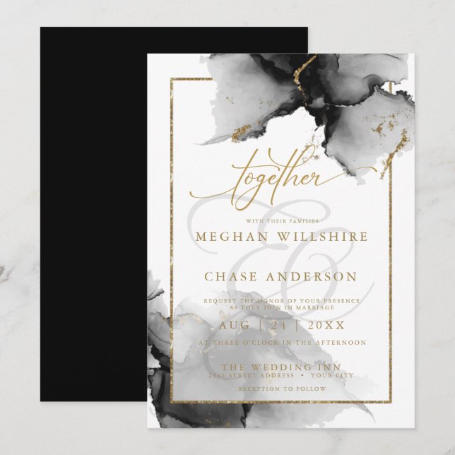 Modern Stunning Custom3 Charcoal  Watercolor Invitation (Front/Back)