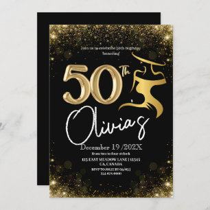 Modern Style 50th Birthday Black Gold Dress Shine  Invitation