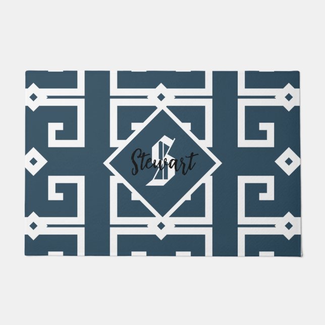 Modern style greek key blue and white monogram  doormat (Front)