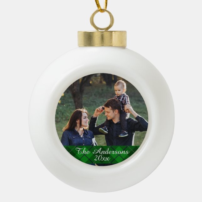 Modern Style Tartan Plaid Custom Photo Ceramic Ball Christmas Ornament (Front)