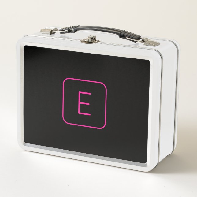 Modern Styled Initial Monogram | Pink & Black Metal Lunch Box (Front)