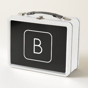 Modern Styled Initial Monogram White & Black Metal Lunch Box