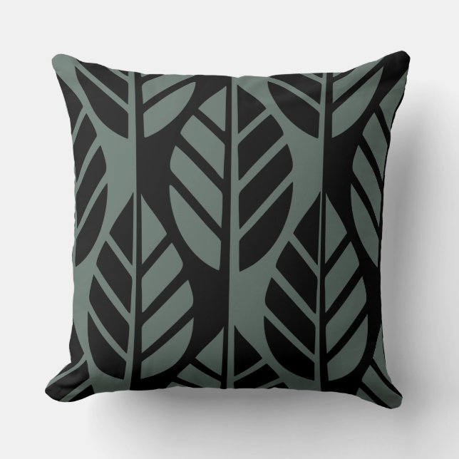 Modern Stylised Black Grey Leaves Pattern Cushion (Front)