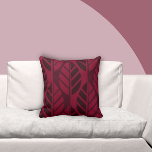 Modern Stylised Burgundy Red Leaves Pattern Cushion