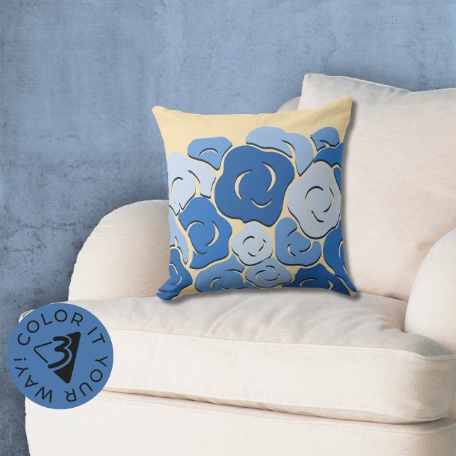 Modern Stylised Flower Bed Blue & Yellow Cushion (Modern Stylized Flower Bed Blue & Yellow Throw Pillow, Color Customize)