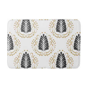 Modern Stylised Grey & Gold Damasks On White Bath Mat