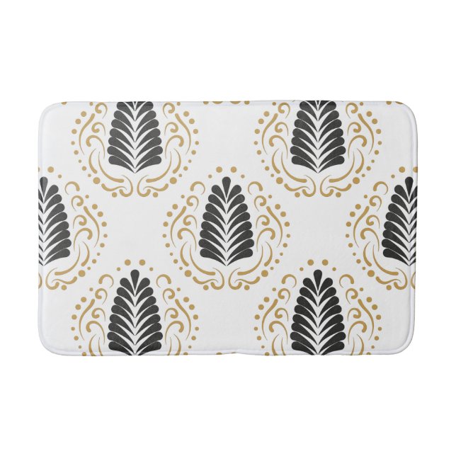 Modern Stylised Grey & Gold Damasks On White Bath Mat (Front)
