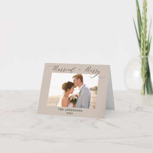 Modern Stylish2 Photo Merry and Married Christmas  Thank You Card (Front)