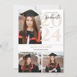 Modern Stylish 3 Photo Collage White Graduation Announcement