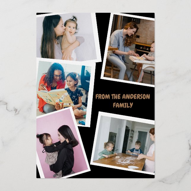 Modern Stylish 5-Photo Family Valentine’s Day Foil Holiday Card (Front)