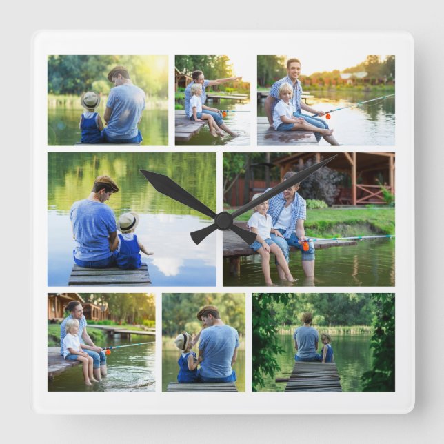 Modern Stylish 8 Photo Collage Square Wall Clock (Front)