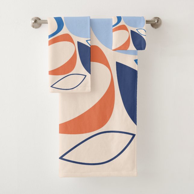 Modern Stylish Apricot Blue Cream Abstract Pattern Bath Towel Set (Insitu)