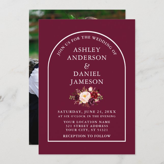 Modern Stylish Arch Burgundy Floral Photo Wedding Invitation (Front/Back)