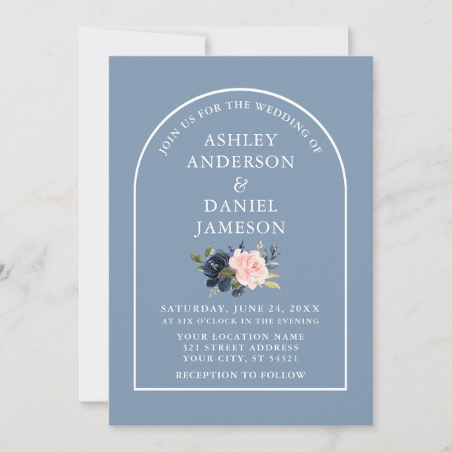 Modern Stylish Arch Dusty Blue Pink Floral Wedding Invitation (Front)
