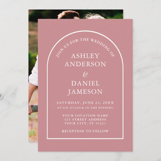 Modern Stylish Arch Dusty Rose Photo Wedding Invitation (Front/Back)