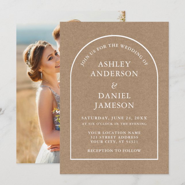 Modern Stylish Arch Kraft Photo Wedding Invitation (Front/Back)