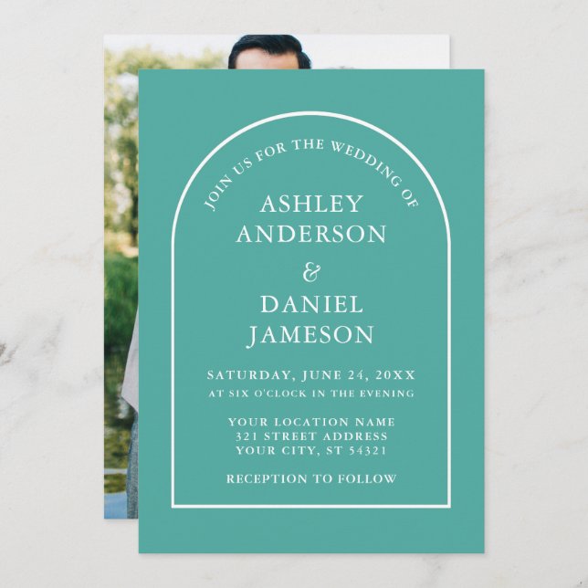 Modern Stylish Arch Teal Photo Wedding Invitation (Front/Back)
