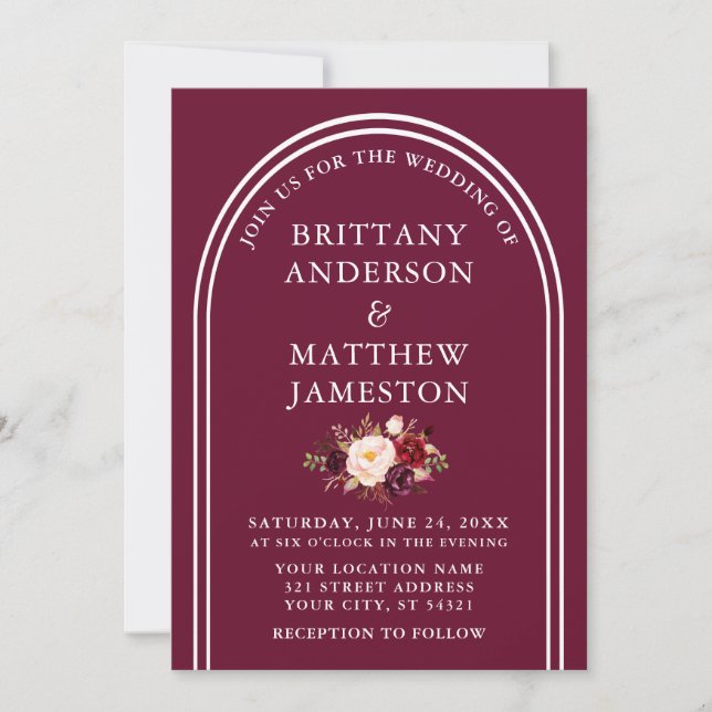 Modern Stylish Arch Wedding Burgundy Floral Invitation (Front)