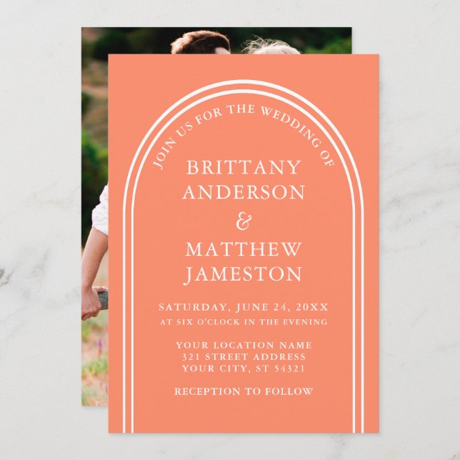 Modern Stylish Arch Wedding Coral Photo Invitation (Front/Back)