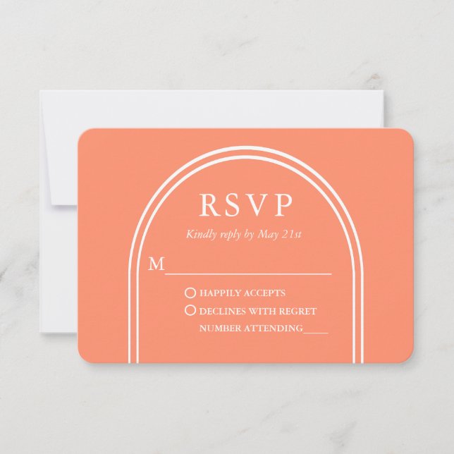 Modern Stylish Arch Wedding Coral RSVP Card (Front)