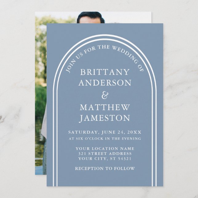 Modern Stylish Arch Wedding Dusty Blue Photo Invitation (Front/Back)