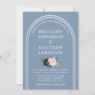 Modern Stylish Arch Wedding Dusty Blue Pink Floral Invitation
