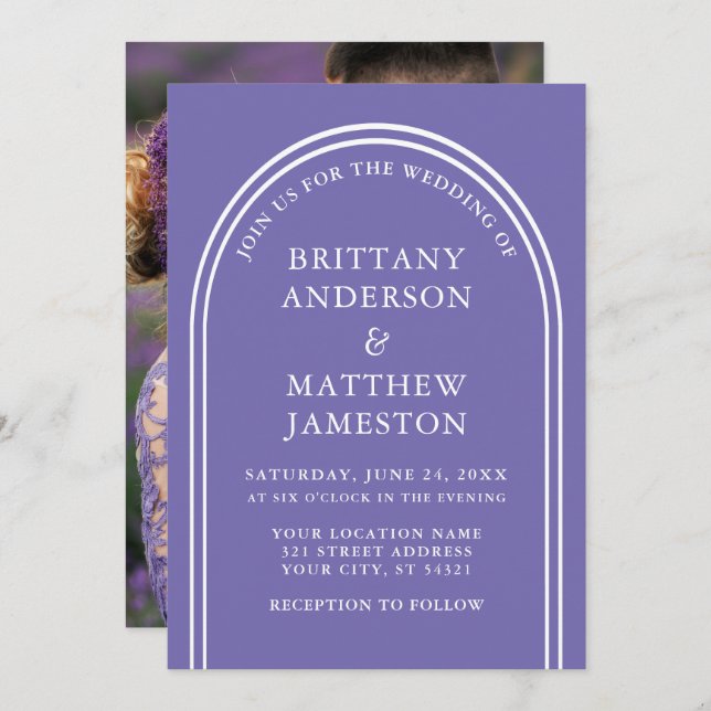 Modern Stylish Arch Wedding Periwinkle Photo Invitation (Front/Back)