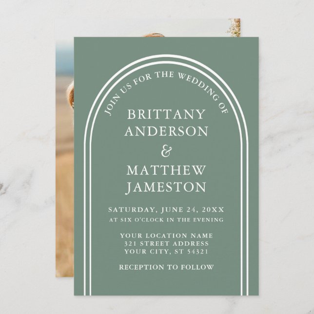 Modern Stylish Arch Wedding Sage Green Photo Invitation (Front/Back)