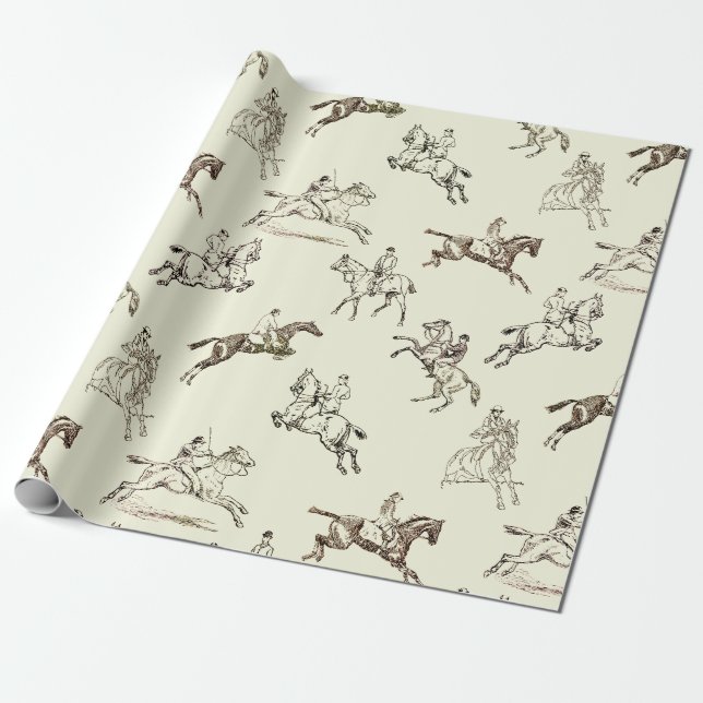 Modern Stylish Beige Horseback Riding Toile Wrapping Paper (Unrolled)