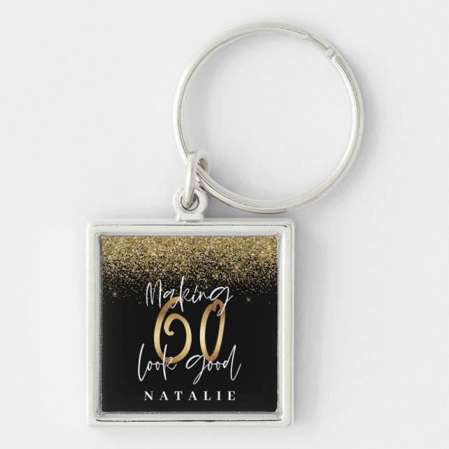 Modern stylish black and gold glitter 60 birthday key ring (Front)