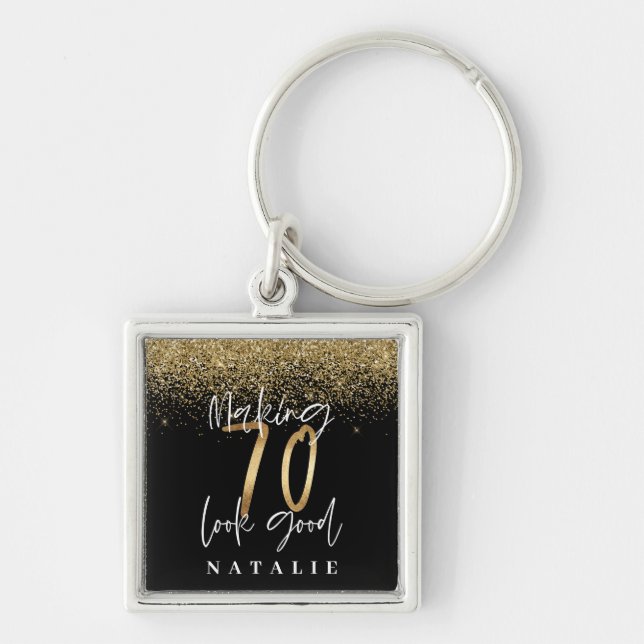 Modern stylish black and gold glitter 70 birthday key ring (Front)