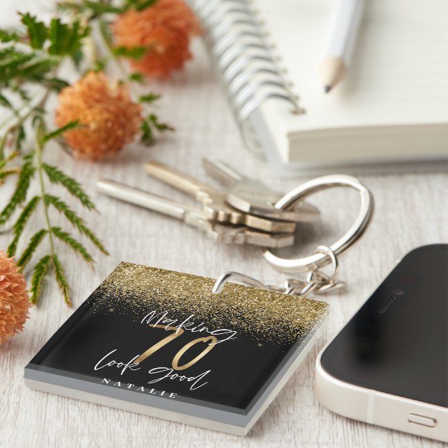 Modern stylish black and gold glitter 70 birthday key ring (Front Right)