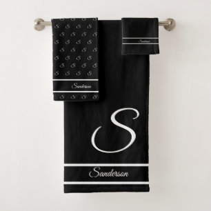 Modern Stylish Black and White Monogram Bath Towel Set
