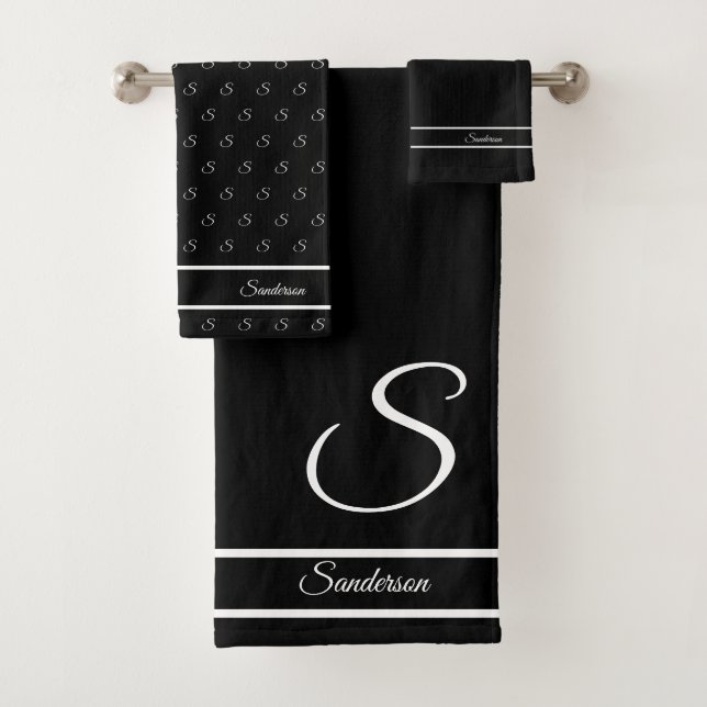  Modern Stylish  Black and White Monogram Bath Towel Set (Insitu)