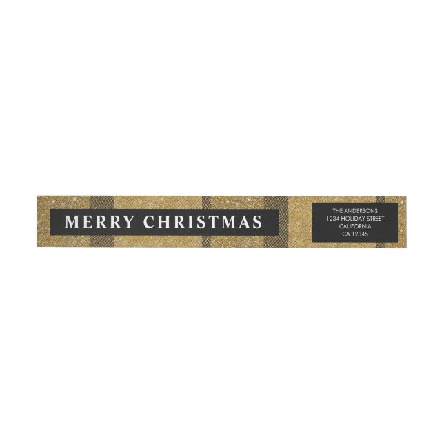 Modern Stylish Black Gold Buffalo Plaid Christmas Wrap Around Label (Individual)