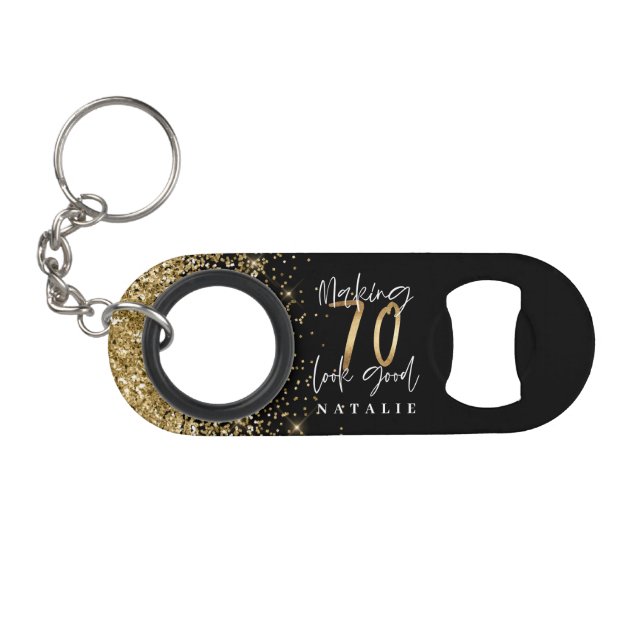 Modern stylish black & gold glitter 70th birthday (Front (Horizontal))