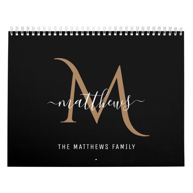 Modern Stylish Black Gold Photo Monogram Calendar (Cover)