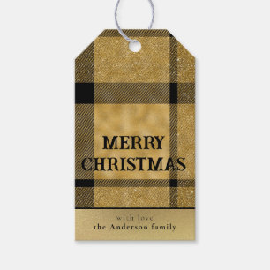 Modern Stylish Black Gold Plaid Merry Christmas Gift Tags
