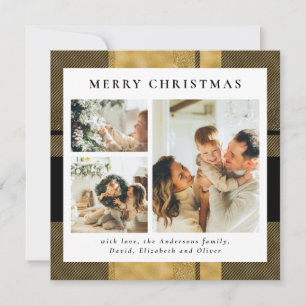 Modern Stylish Black Gold Plaid   Photo Christmas Holiday Card