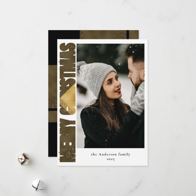 Modern Stylish Black & Gold Plaid Photo Christmas Holiday Card (Front/Back In Situ)