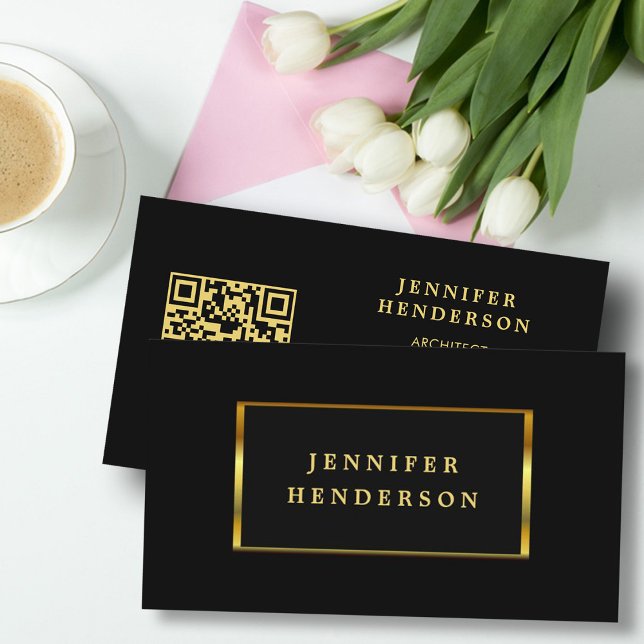 Modern stylish black gold QR code professional Business Card (Modern elegant chic gold, QR code, gold black business card. )