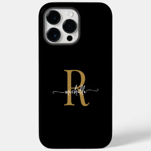Modern Stylish Black Gold  Script Monogram Initial iPhone 14 Pro Max Case