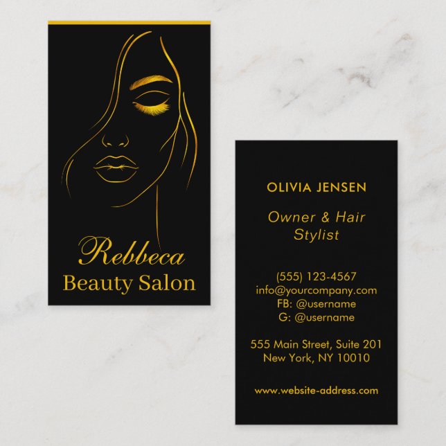 Modern Stylish black & golden Beautician Makeup Business Card (Front/Back)