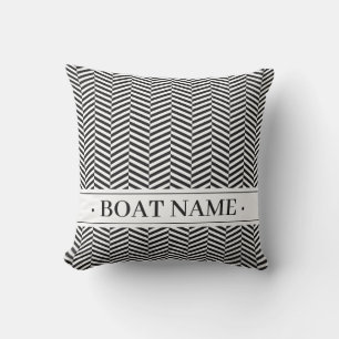 Modern Stylish Black Herringbone Pattern Boat Name Cushion