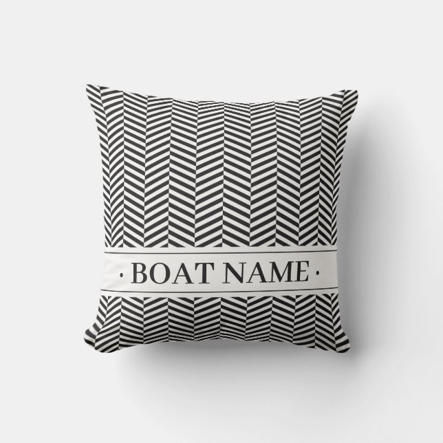 Modern Stylish Black Herringbone Pattern Boat Name Cushion (Front)